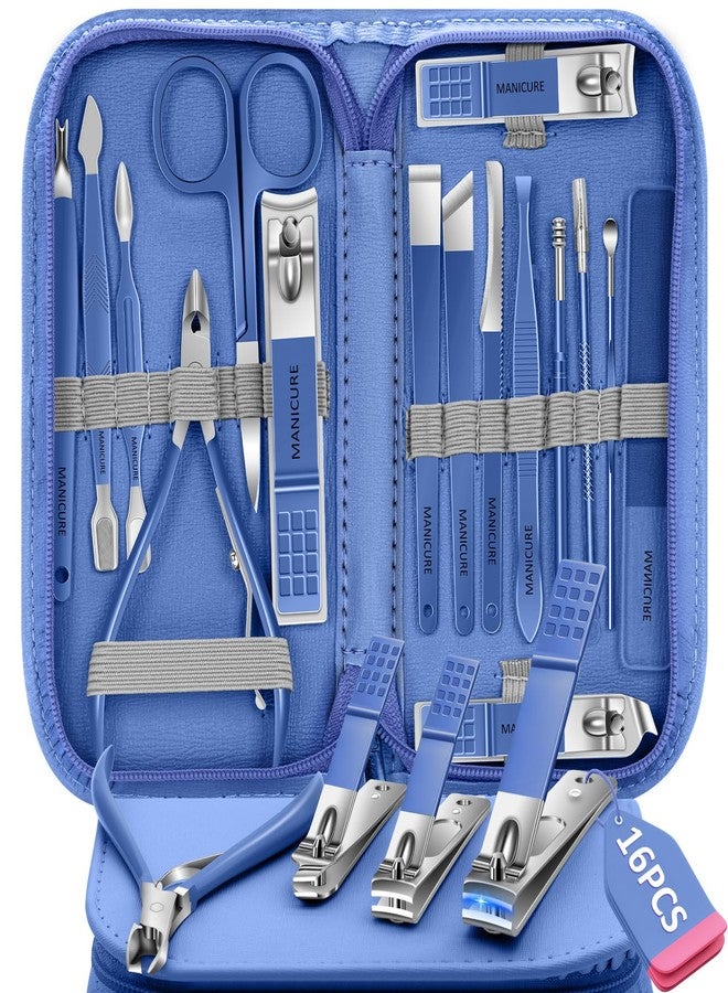BLESWIN Manicure Set 16Pcs Nail Clippers Set Manicure Kit Professional Stainless Steel Pedicure Kit Nail Care Kit for Women Men with Luxurious Travel Bag, Suitable for Home, Travel, and Salon (Blue) - Image 1